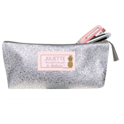 Trousse scolaire à personnaliser  avec le prénom de l'enfant - tissu paillette argent