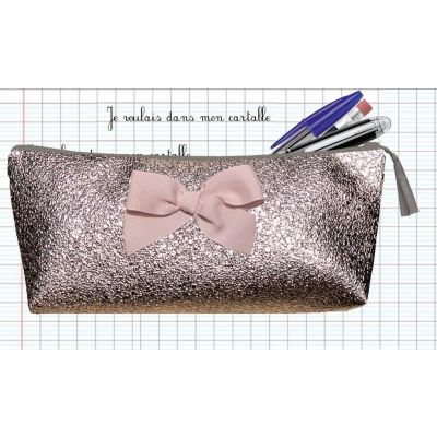 Trousse Scolaire Personnalisable - Paillette taupe - avec noeud de gros grain rose poudré