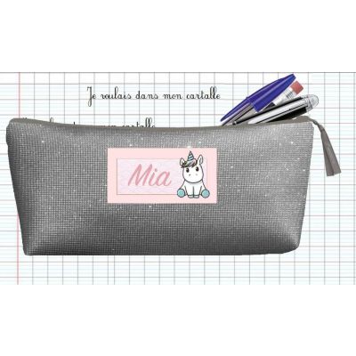 Trousse Scolaire Personnalisée - Scintillant gris - avec Prénom de l'enfant