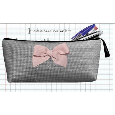 Trousse Scolaire Personnalisable - Scintillant gris - avec noeud de gros grain rose poudré