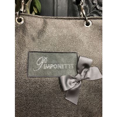 Sac Cabas Personnalisé - Sac Personnalisé - Plaque Pimponette grise - noeud gris - Saya gris bronze