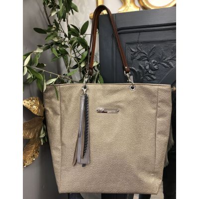 Sac Cabas Personnalisé - Sac Personnalisé - Plaque Pimponette métal et flot de rubans taupe et gris - Saya Miel