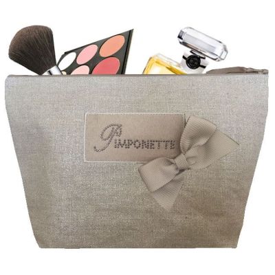 Trousse de toilette Femme - Trousse personnalisée avec plaque Pimponette et noeud - Cadeau original femme - Lin brillant