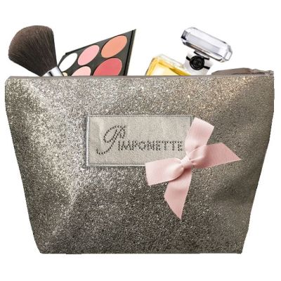 Trousse de toilette Femme - Trousse personnalisée avec plaque Pimponette et noeud - Cadeau original femme - Paillette taupe