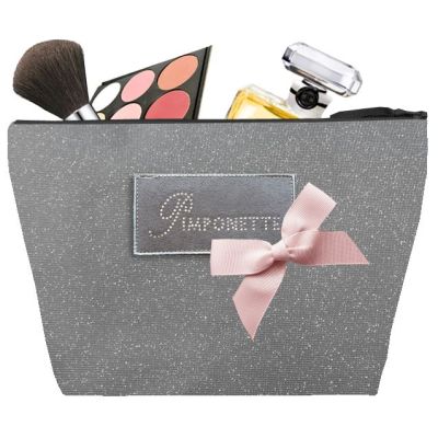 Trousse de toilette Femme - Trousse personnalisée avec plaque Pimponette et noeud - Cadeau original femme - Scintillant gris