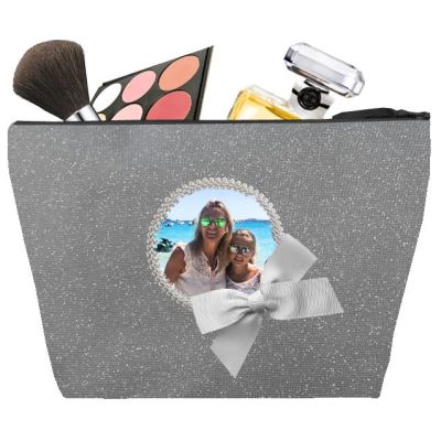 Trousse de toilette Femme - Trousse personnalisée avec votre photo- Cadeau personnalisé - Scintillant gris