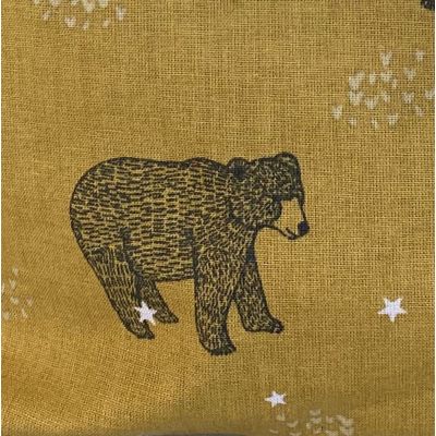 Tissu en coton jaune moutarde motif ours gris foncé