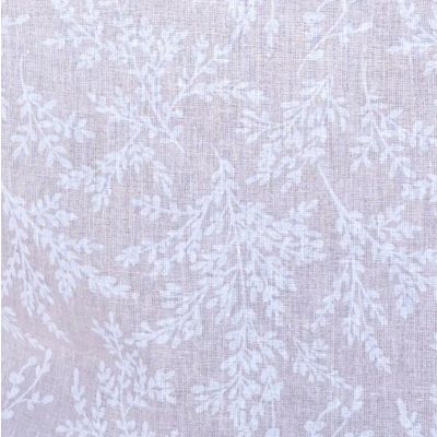 Tissu en coton, fond rose pale avec motifs de feuilles blanches