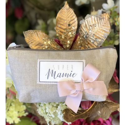 Cadeau grand-mere - Pochette en lin brillant, noeud rose et texte "super Mamie"