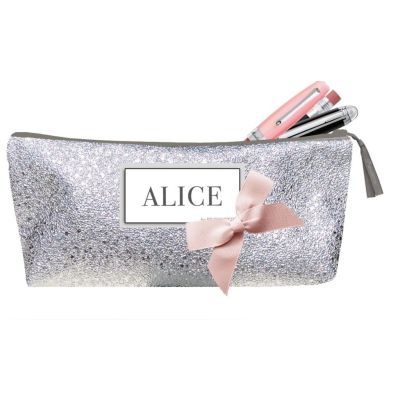 Trousse Scolaire Personnalisée - Paillette argent avec prénom de l'enfant - Noeud de gros grain