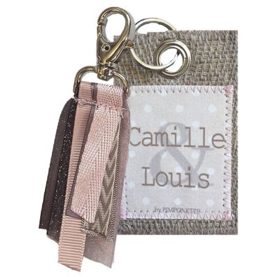 Porte clef personnalisé en toile de jute et flot de rubans rose