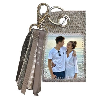 Porte clef personnalisé en toile de jute et flot de rubans taupe