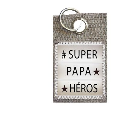 Porte clefs en toile de jute "#SUPER PAPA HÉROS"