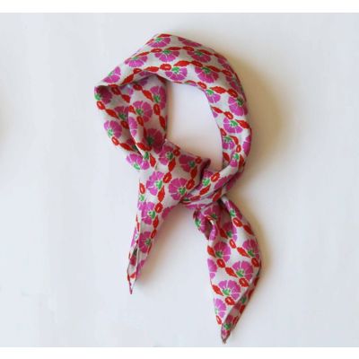 Mini foulard en Soie ecru, fuchsia, orange et vert